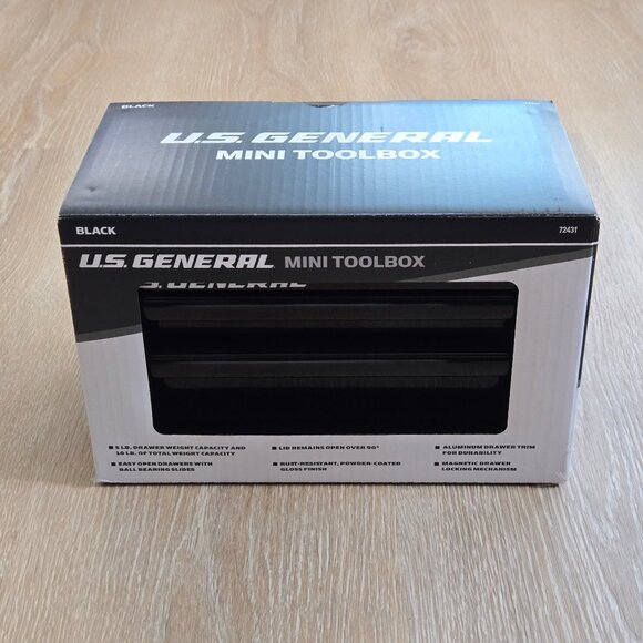 US General Black Mini Tool Box 2 Drawers Top Compartment New Sealed in Box - Picture 4 of 14